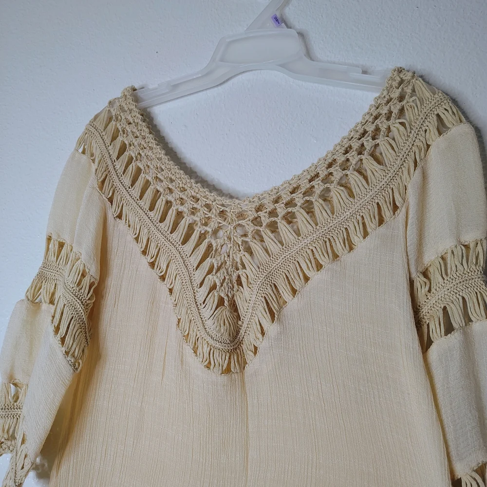 Boho Beige Crochet Mesh Midi Dress Cover Up S/M Solid Neutral Festival Beach - Picture 3 of 15